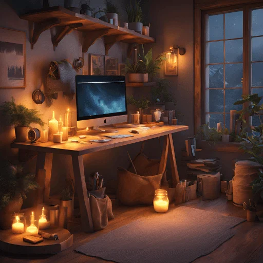 a computer on a desk with candles and plants, bei Bellaprepper