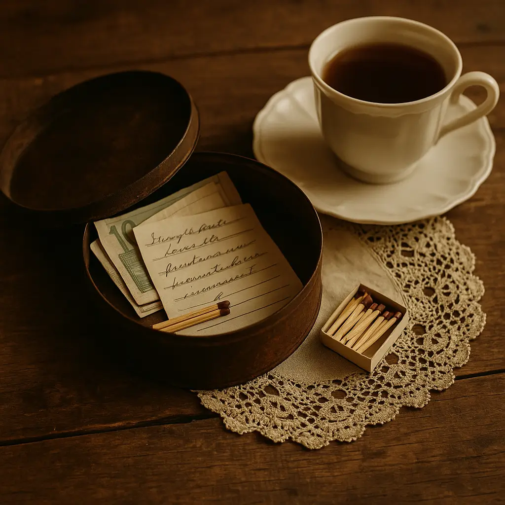 Vintage-Blechdose mit Geldscheinen, handgeschriebenem Zettel und Streichhölzern auf einem Holztisch, daneben eine Tasse Tee und eine kleine Häkeldecke. Erinnert an liebevolle, einfache Vorbereitung aus Großmutters Zeiten als Notfallplan