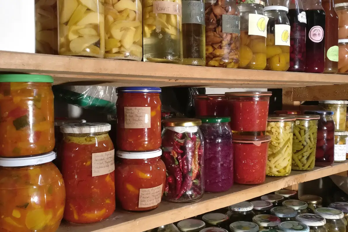 Regal mit selbst eingemachten Lebensmitteln in Gläsern: Tomaten, Paprika, Bohnen, Kompott, Chili und mehr. Echtes Vorratslager für die Krisenvorsorge.