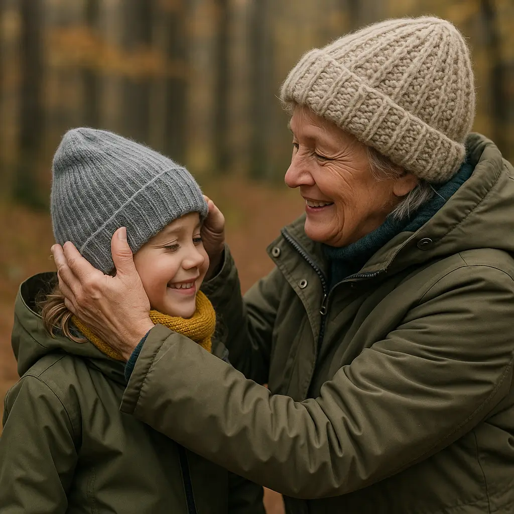 Eine Großmutter zieht einem Kind liebevoll eine Mütze über. Beide tragen wetterfeste Prepper Kleidung im Zwiebellook, ideal für wechselhaftes Outdoor-Wetter und Krisenvorsorge.