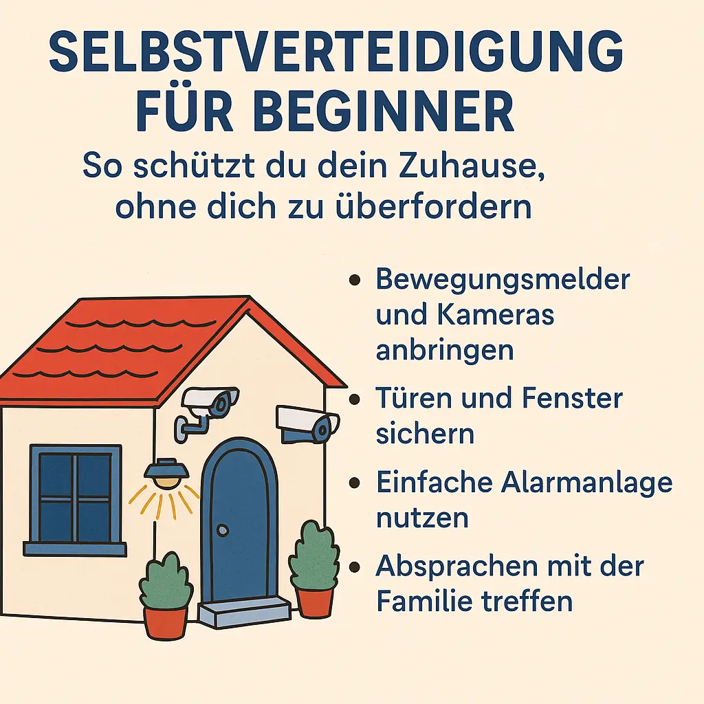 Illustration eines Hauses mit Bewegungssensoren, Kameras und Tipps zur Selbstverteidigung für Anfänger. Text: Bewegung, Alarm, sichere Türen, Absprachen.