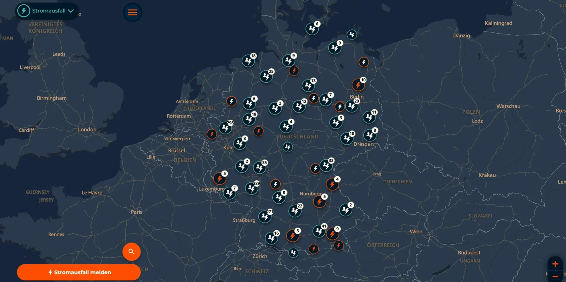 Deutschlandkarte mit Stromausfällen am 18. September 2025 Viele Orte gleichzeitig betroffen