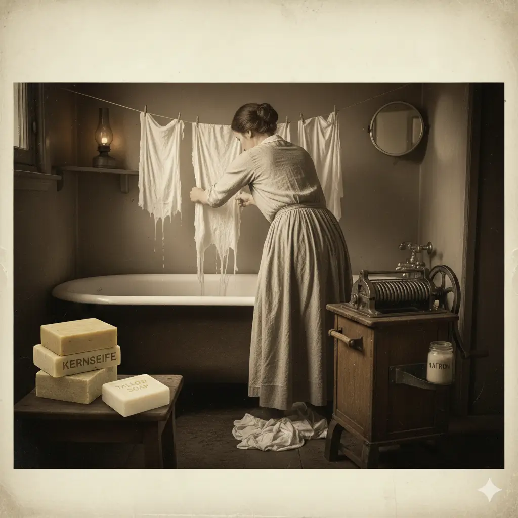 Nostalgische Szene einer Frau bei der Handwäsche in einer alten Badewanne ohne Strom.