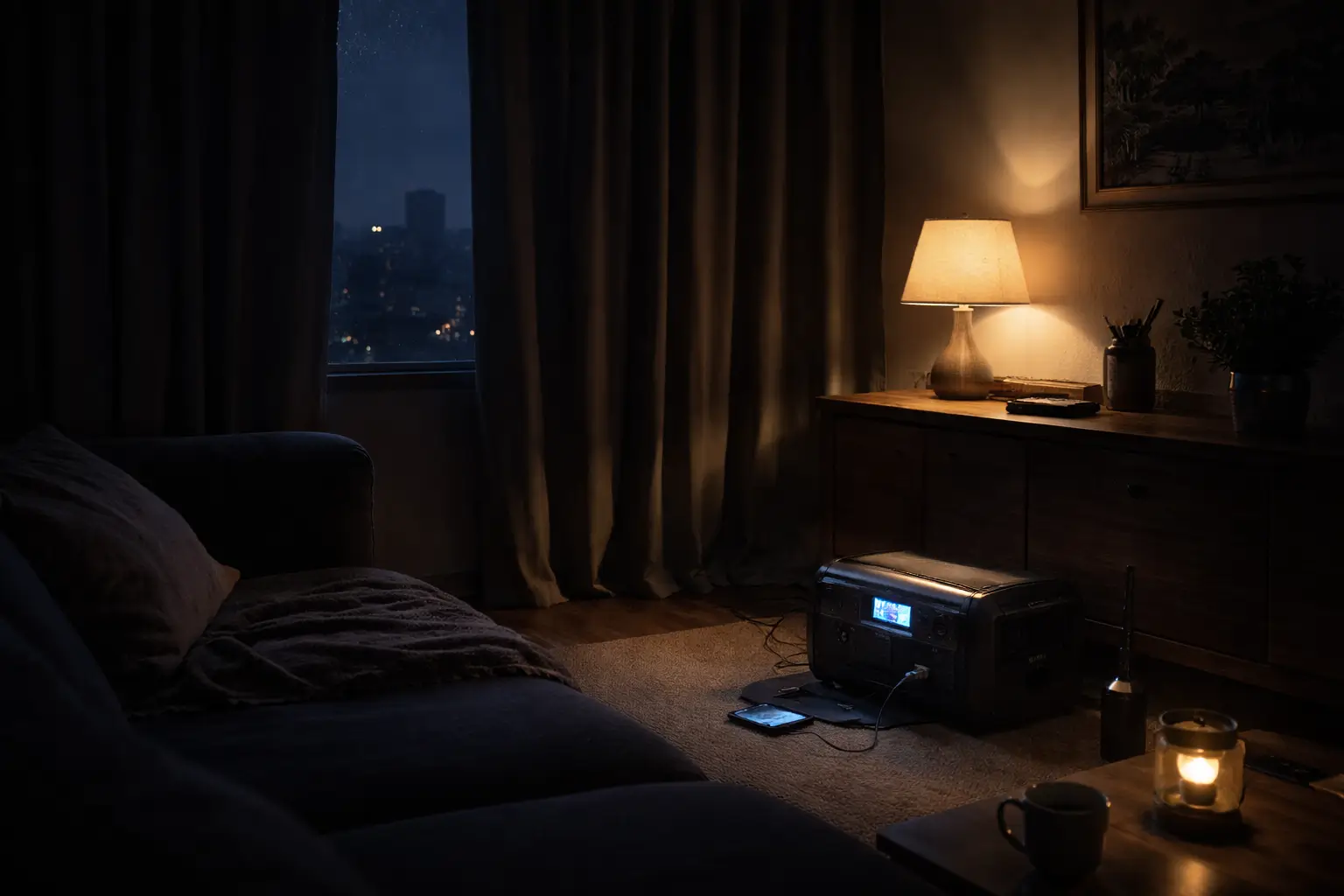 Gedimmter Wohnraum bei Stromausfall mit leisem Kraftwerk, das Geräte versorgt, ohne von außen Licht oder Aktivität sichtbar zu machen.