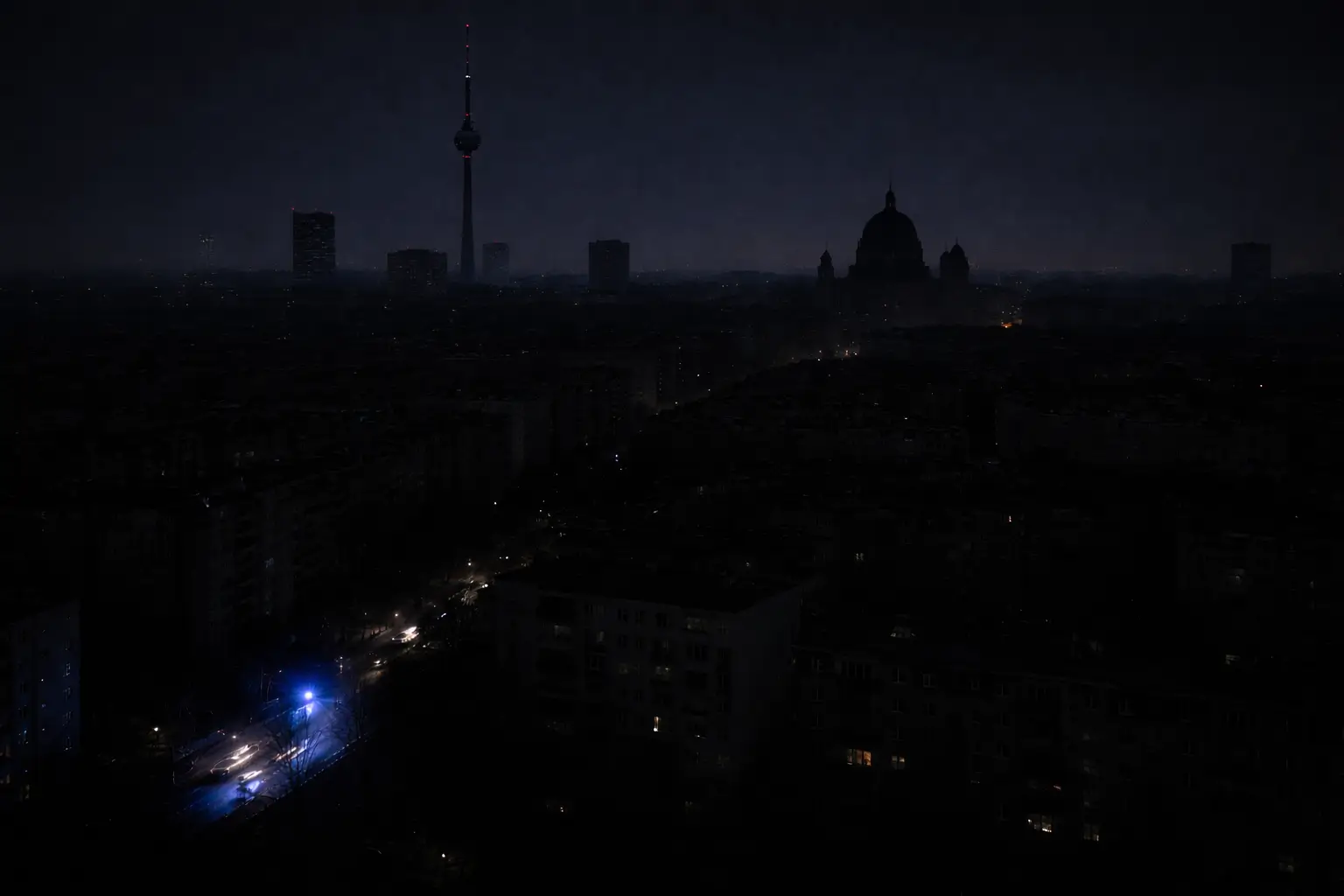 Nächtliche Silhouette von Berlin während eines Stromausfalls, rund 40.000 Haushalte ohne Strom