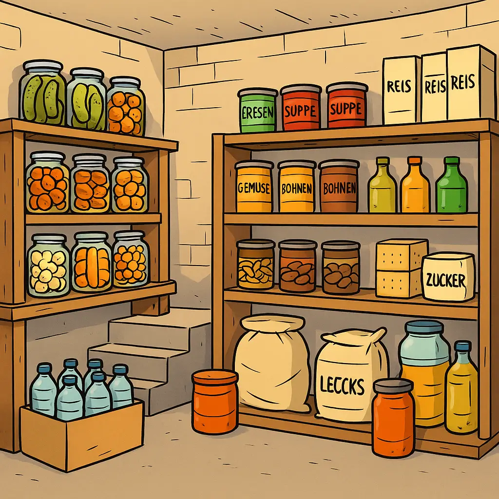 Cartoonhafter Vorratskeller mit Regalen voller eingemachter Lebensmittel, Dosen, Wasserflaschen und Säcken – liebevoll illustriert mit deutschen Etiketten.