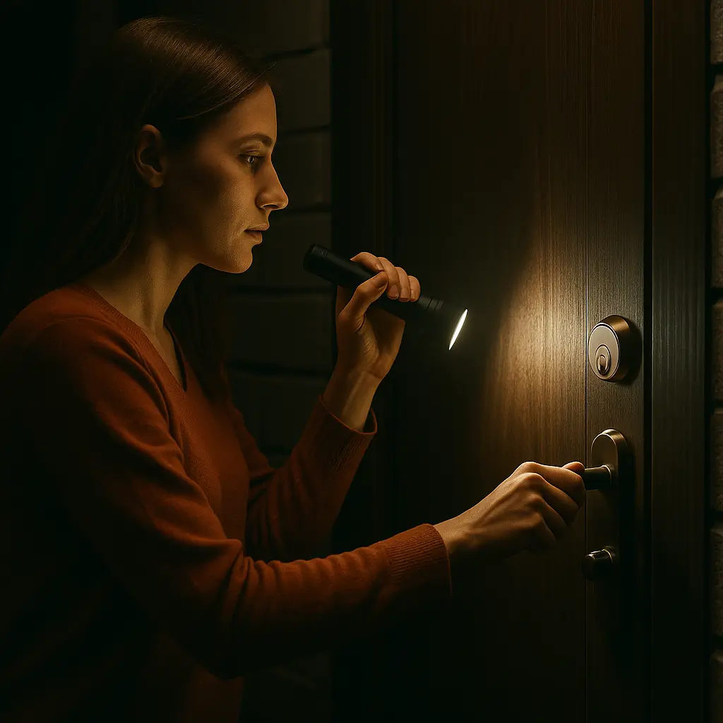 Eine Frau überprüft bei Dunkelheit das Türschloss ihres Hauses mit einer Taschenlampe. Einfache, wirkungsvolle Sicherheitsmaßnahme in der Krisenvorsorge.