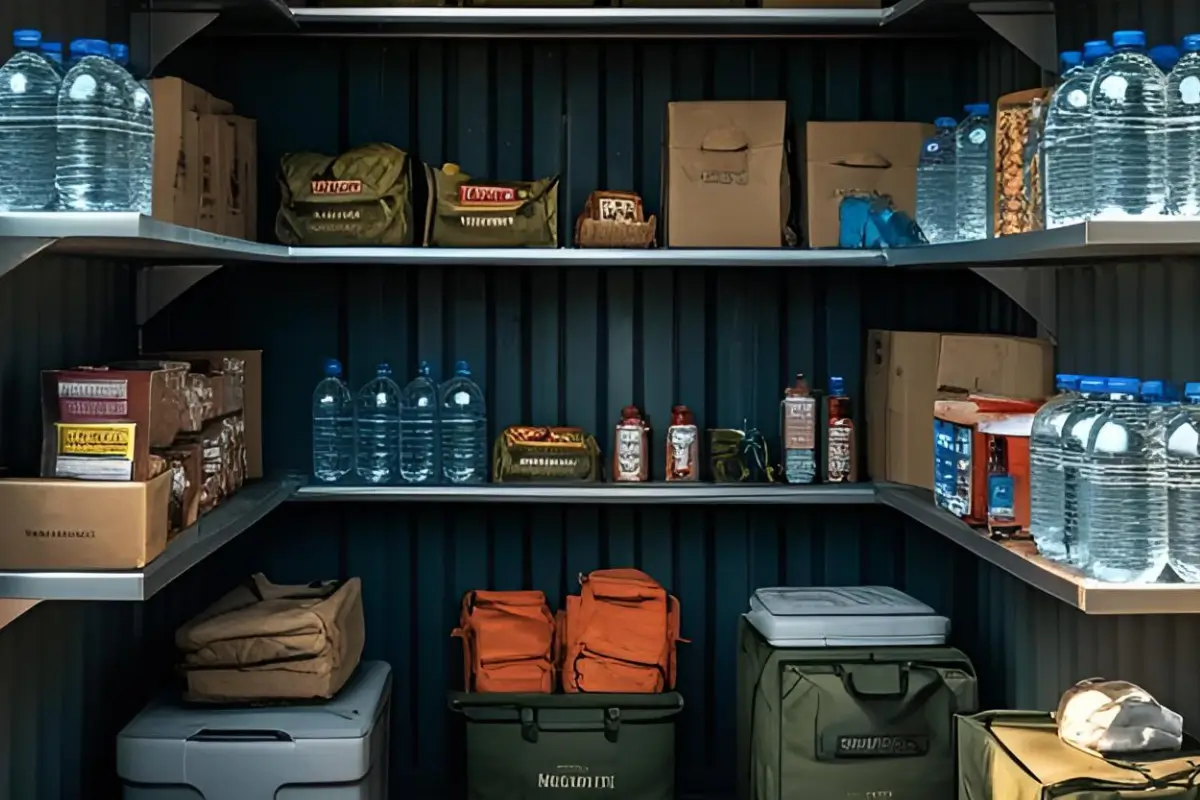 Kompakte Vorratskammer mit Wasserflaschen, Notfallausrüstung, MREs und Konservendosen – organisiert für Krisenvorsorge