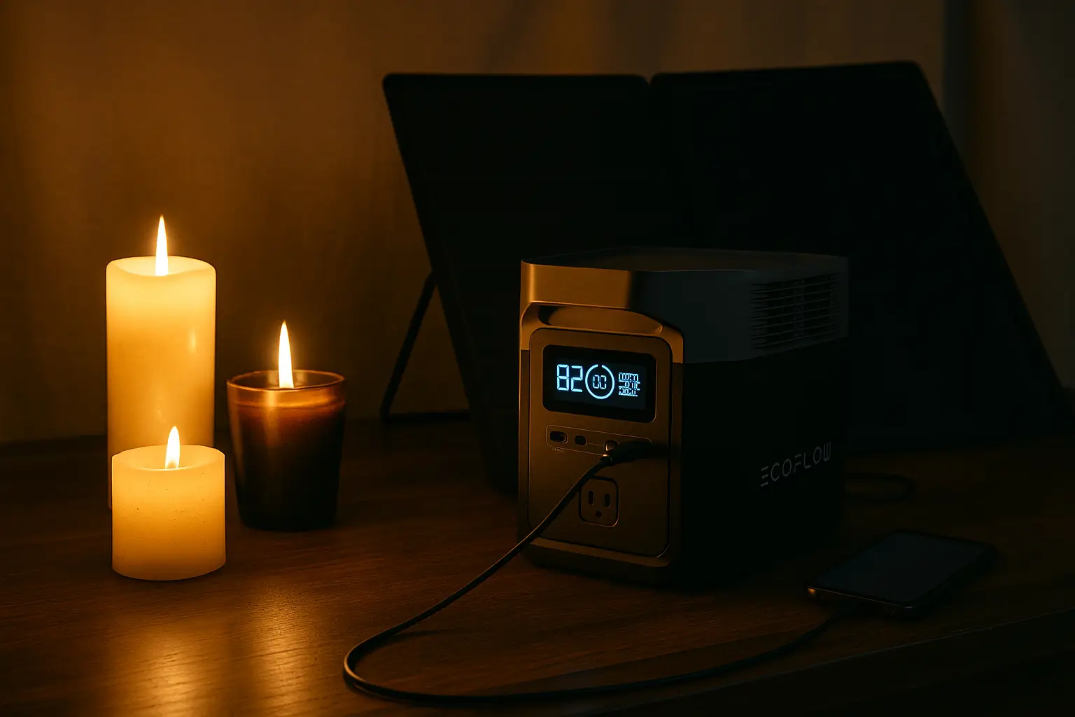 EcoFlow Delta 3 Powerstation bei Stromausfall, betrieben mit Solarpanel und umgeben von Kerzen für Notbeleuchtung zu Hause