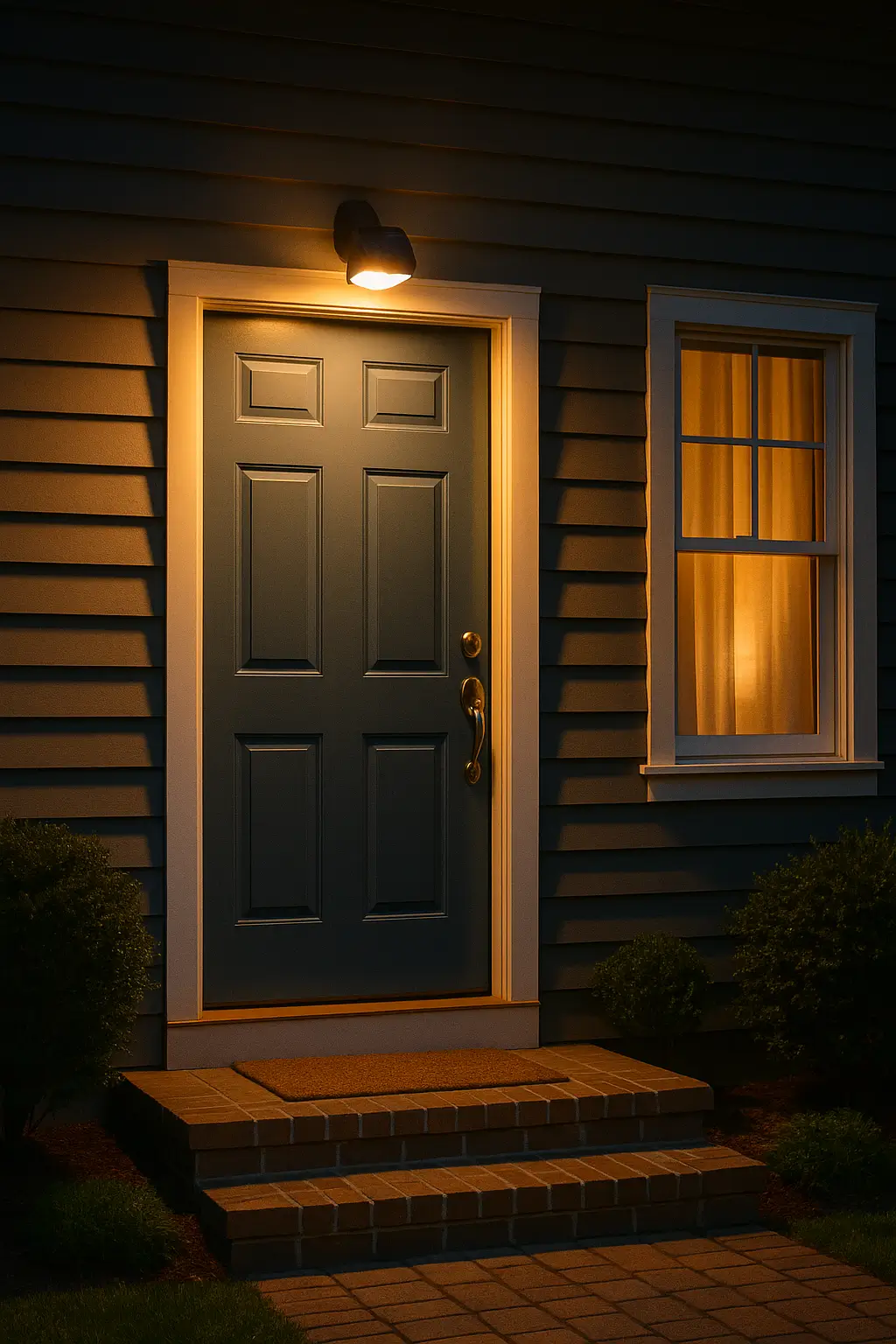 Abendlich beleuchteter Hauseingang mit Bewegungsmelder und geschlossener Tür. Symbol für Schutz, Sicherheit und Selbstverteidigung zu Hause.