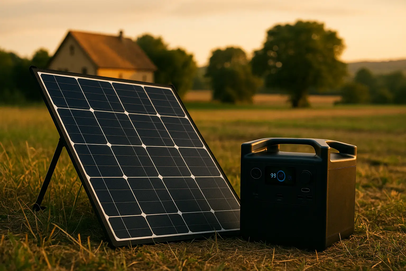 Tragbarer Solargenerator mit Solarpanel im Sonnenuntergang auf einer Wiese, ideal zur Krisenvorsorge und autarken Stromversorgung.