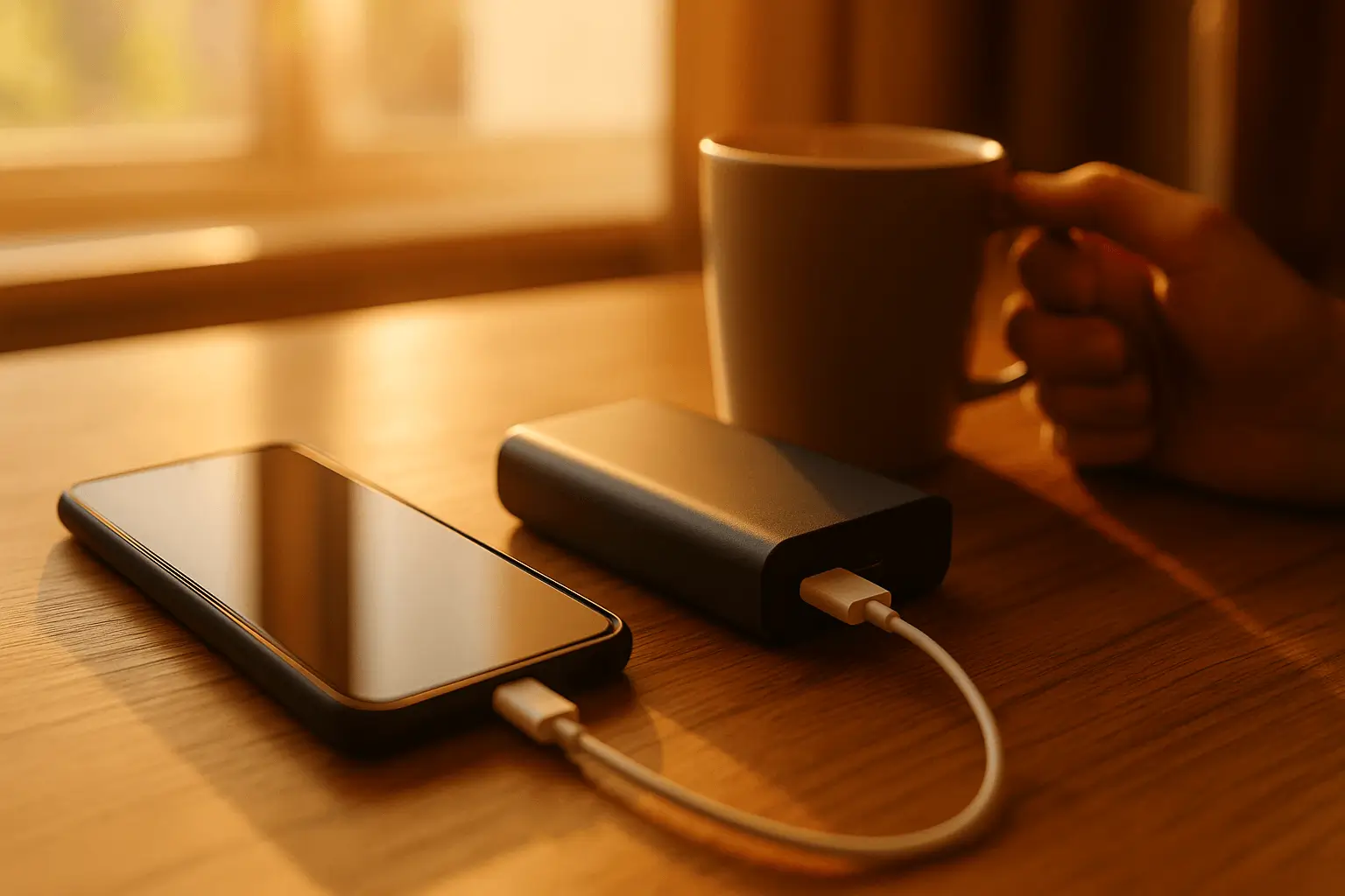 Smartphone lädt an Powerbank bei Sonnenlicht. Symbolbild Stromausfall am Tag