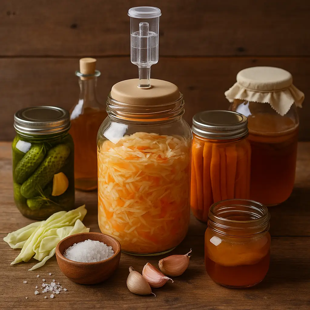 Fermentation: fermentierte Lebensmittel in Gläsern auf einem Holztisch, darunter Sauerkraut, eingelegte Gurken, Karotten, Kombucha und Salz sowie frisches Gemüse als Zutaten.